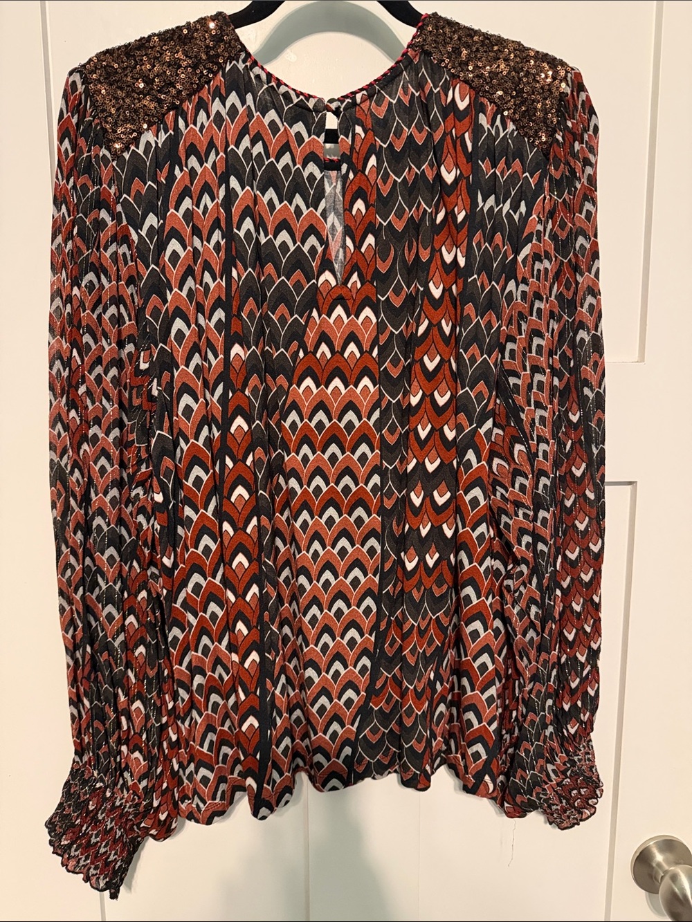 Blank London Anthropologie Sequin-Shoulder Printed Blouse in Rust Multi - Picture 4 of 8